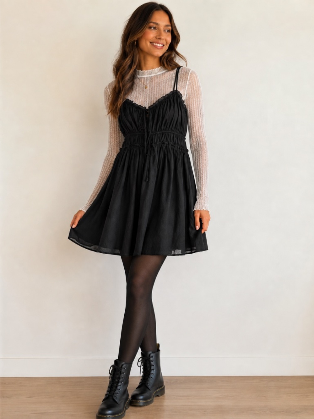 New Aerie 100% Cotton black dress L mini baby doll smocking ruffle layering